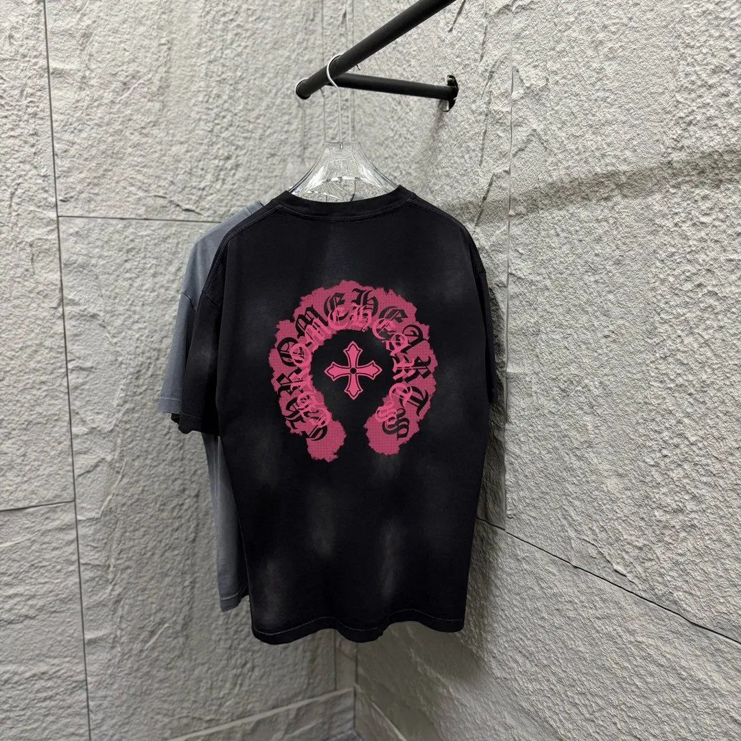 🅿️190 CH Crow Heart 2025 Summer New Style Heavy pickling with gradient distressing Chest logo Horseshoe print Customized fabric Short-sleeved T-shirt Unisex Size: S M L